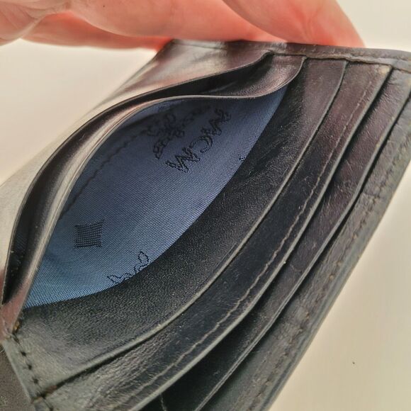 MCM Vintage Men's Wallet Card Case Leather Designer Bifold Signature Navy Blue - Picture 7 of 14